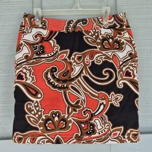 Merona Orange, Brown, & Black Paisley Mini Skirt, Lined 12 60's Vibe Retro Boho